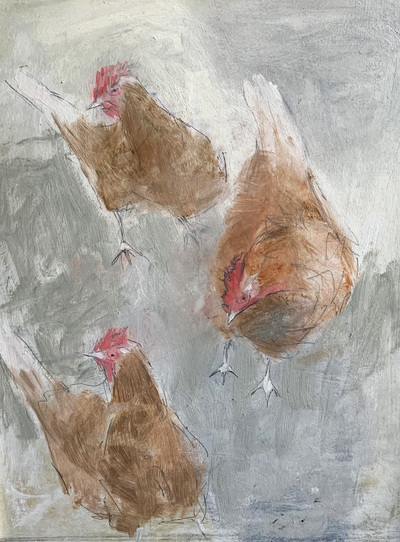 Joyce Gunn Cairns MBE
Chicken Run
Oil on board  30 x 25 cms 
£450