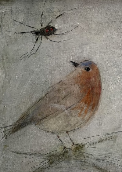 Joyce Gunn Cairns MBE
Robin and Spider
Oil on board  30 x 25 cms 
£450