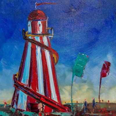Paul Graham 
Helter Skelter with Flags
Oil on board  20 x 20 cms
£450