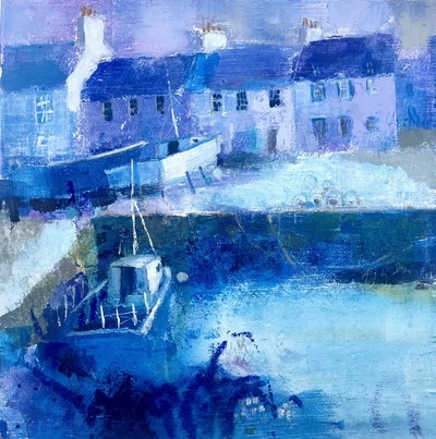 Nicole Stevenson 
Blue Harbour, Dunbar
Oil on cradled paper 20 x 20 cms
£350 (box framed)
